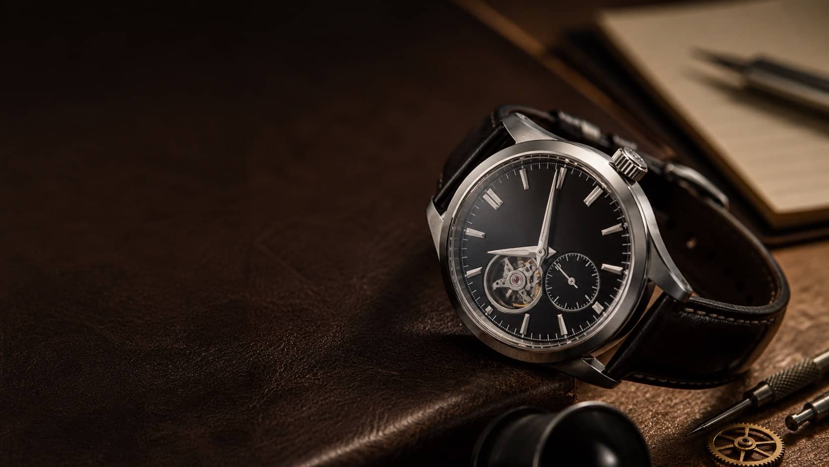 Montre mécanique posée sur un bureau sombre
